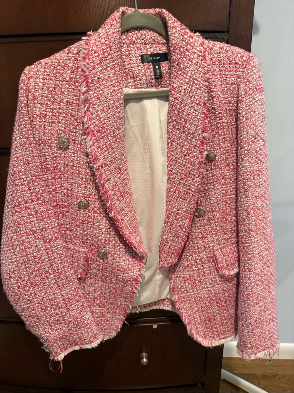 Aqua Pink Bouclé Double-Breasted Tweed Blazer
